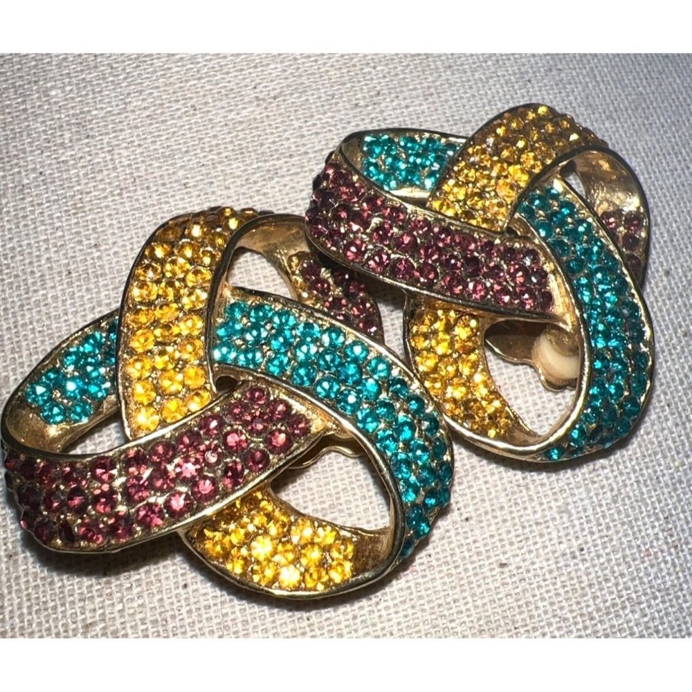 Jewel Ribbon Crystal Clip On Vintage Earrings